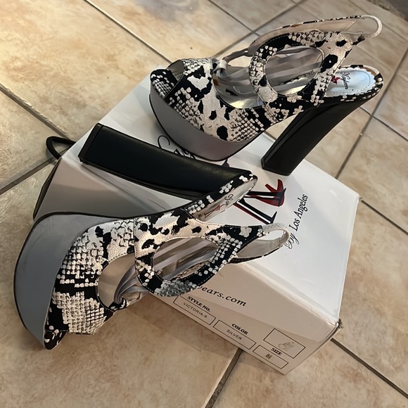 Kayleen Black & White snake print Victoria Heels w/ Silver Platform Y2K size 8.5 - Picture 10 of 15